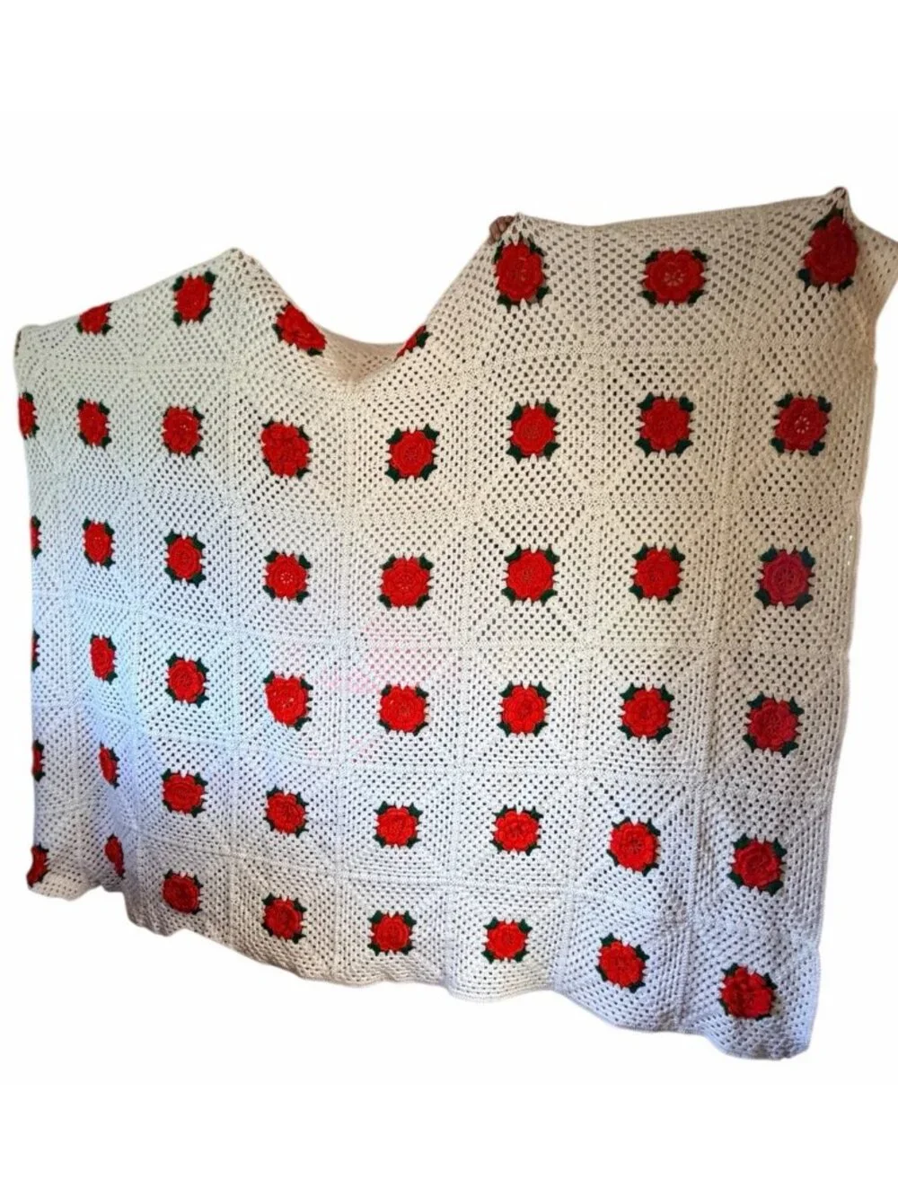80X96 Crochet Granny Square Afghan Red Roses Hand Made White Background